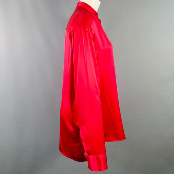 HAIDER ACKERMANN Size S Red Silk Satin Nehru Collar Hidden Buttons Shirt - Picture 2 of 6